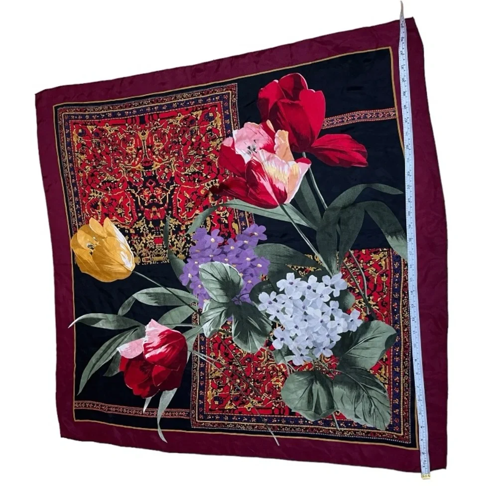 Adrienne Vittadini Silk Floral Tulip Scarf Burgundy Red Garden Print